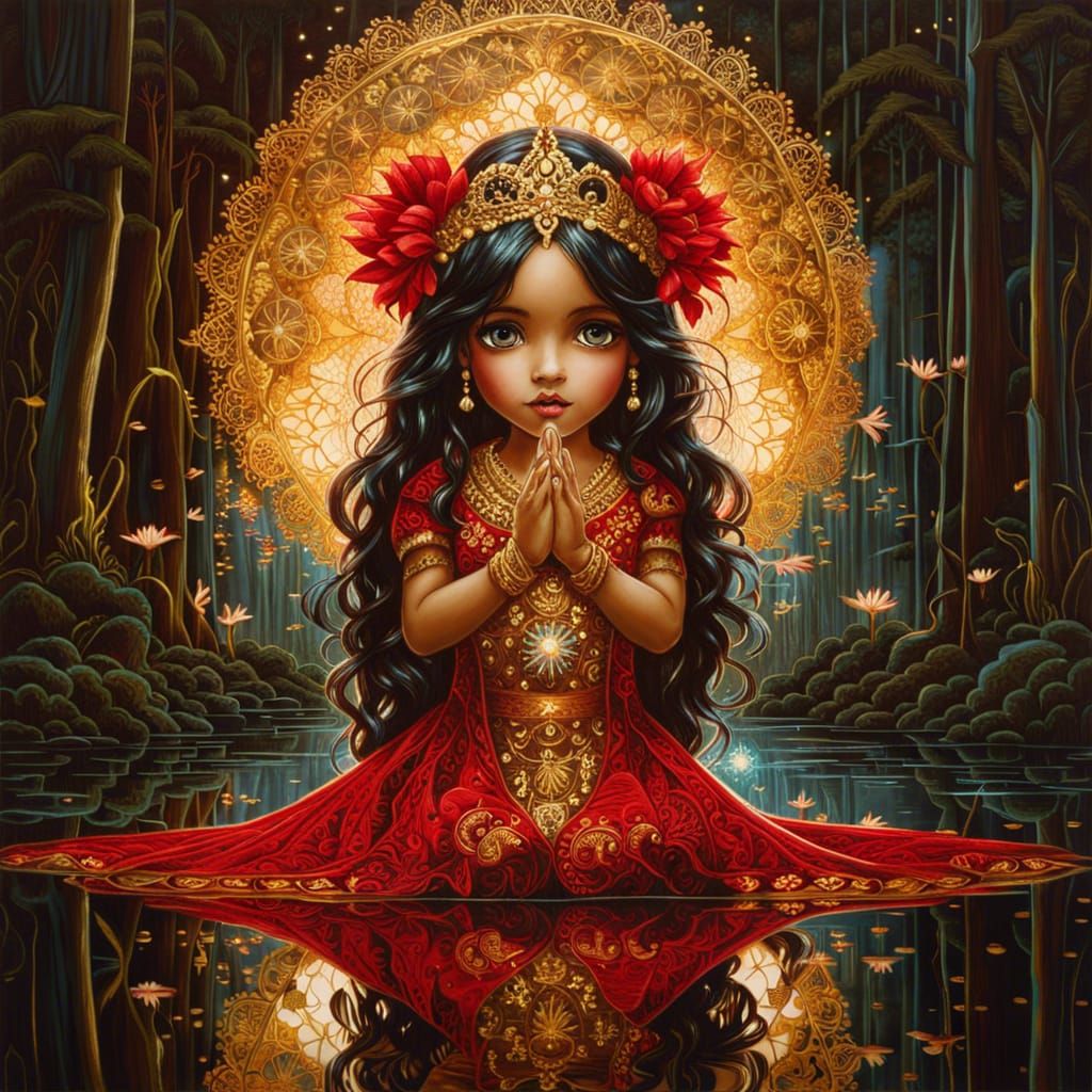 Bioluminescent Chibi Princess in Mirrored Reflection