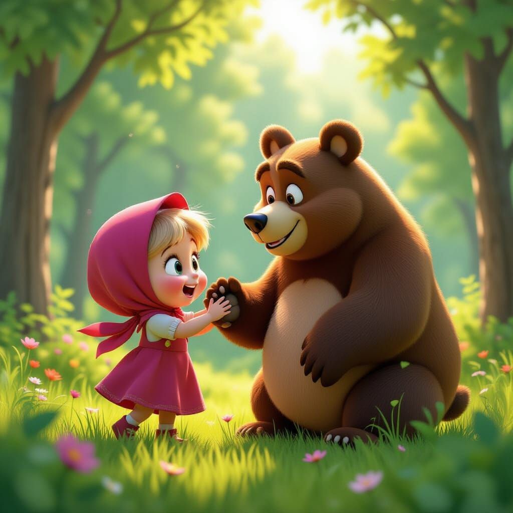 Masha and the Bear in a Magical Forest Clearing