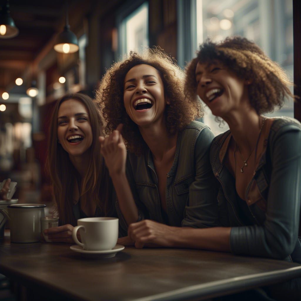Women friends laughing in a cafe