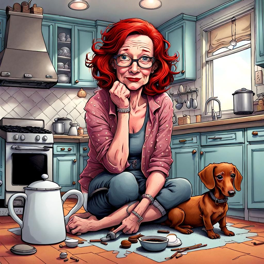 a-caricature-of-a-53-year-old-woman-sitting-on-the-kitchen-floor-with