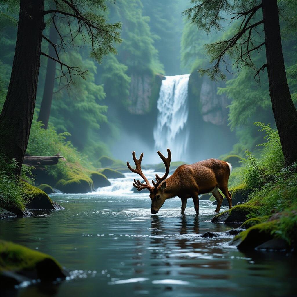 Majestic Deer Drinks From River in Lush Forest Waterfall