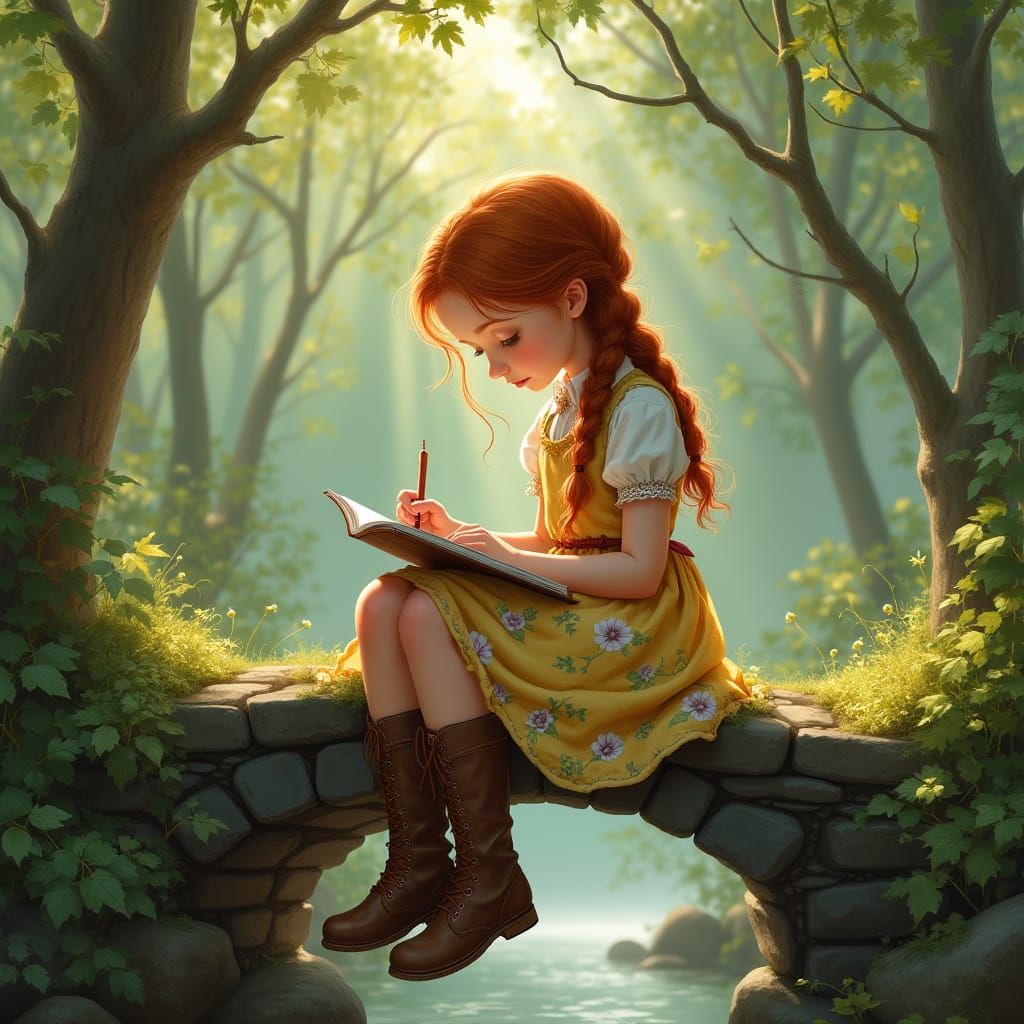 Girl Sketching in Forest Clearing, Nostalgic Illustration