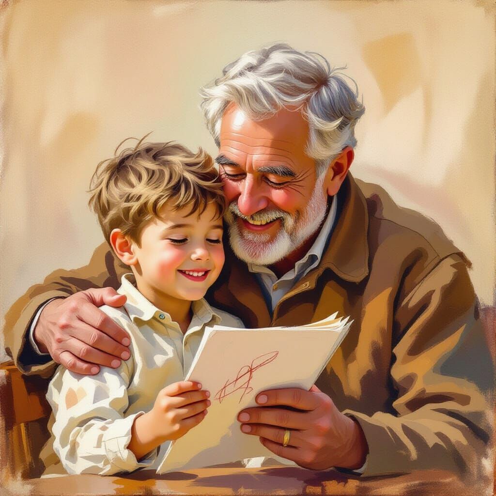 Boy Shows Drawing to Smiling Grandfather in Warm Oil Paintin...