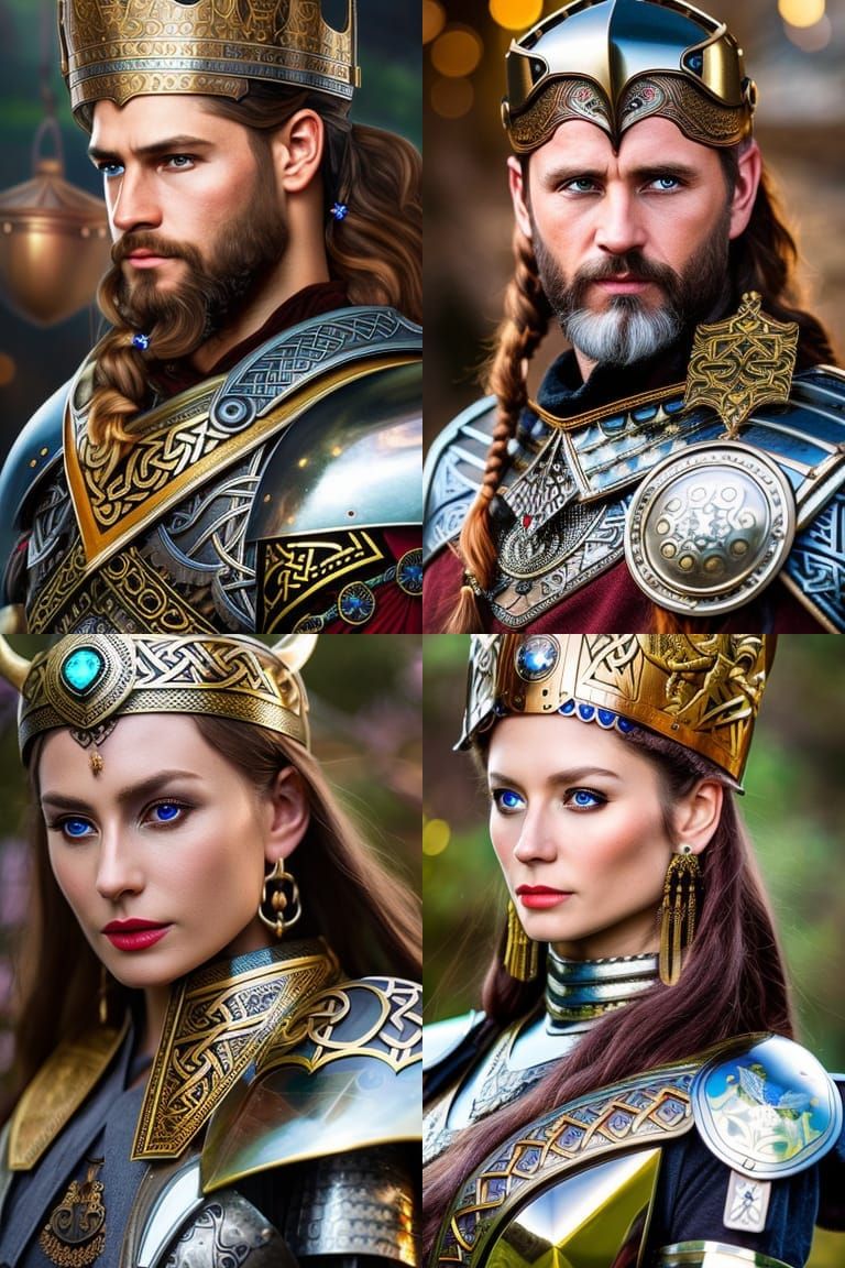 Photorealistic Viking dressed in shiny armour. deep rich col...