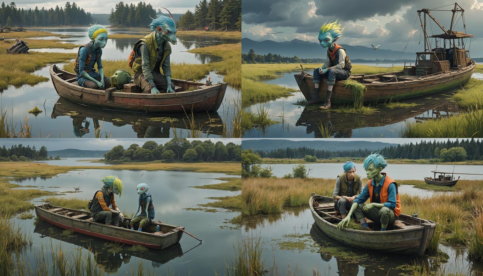 serene, moody, lake, tall, serene, moody, lake, alien, biped...