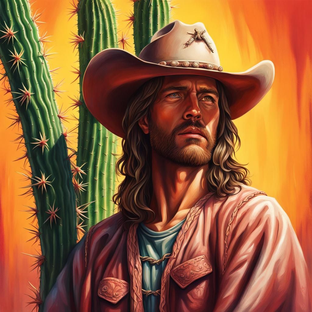 Jesus cowboy by a cactus