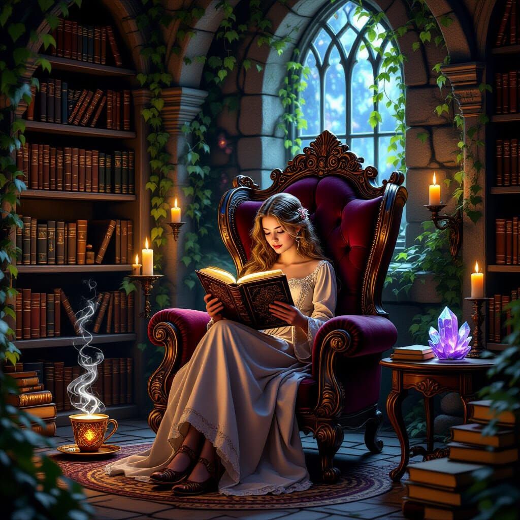 "A magical reading corner in a cozy fantasy setting. A young lady dressed in a long dress sits curled ...  by @Physarium