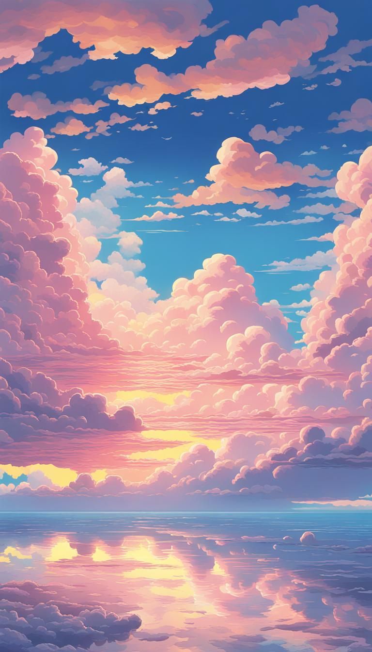 cloud-filled pink yellow and blue pastel ocean skyline 