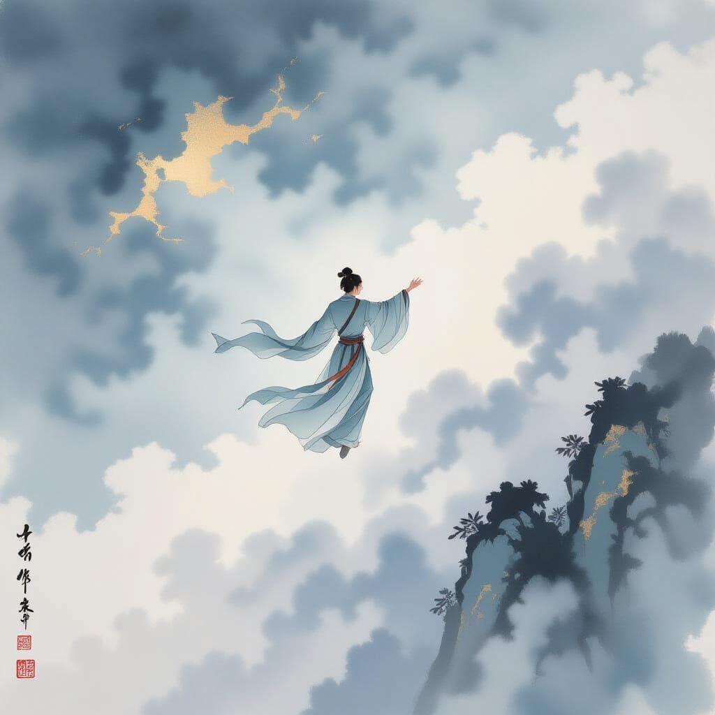 Ascending Figure in Chinese Ink Wash Style