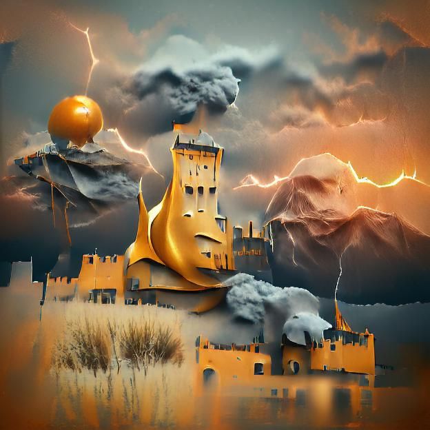 Golden orange medieval castle standing alone in the broken g...