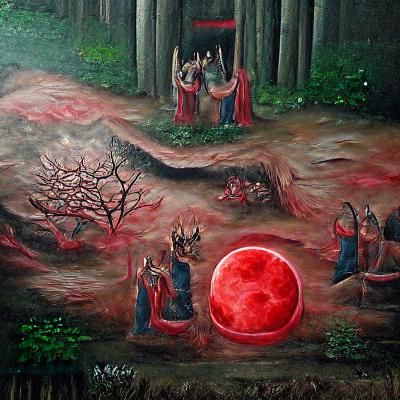 demonic sacrifice in a forest under a blood moon detailed pa...