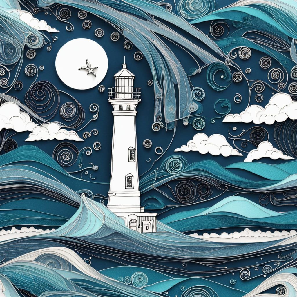 Lonely lighthouse line art, by soft textile artist "electric arc quilling flourish”  by @Andy Does AI