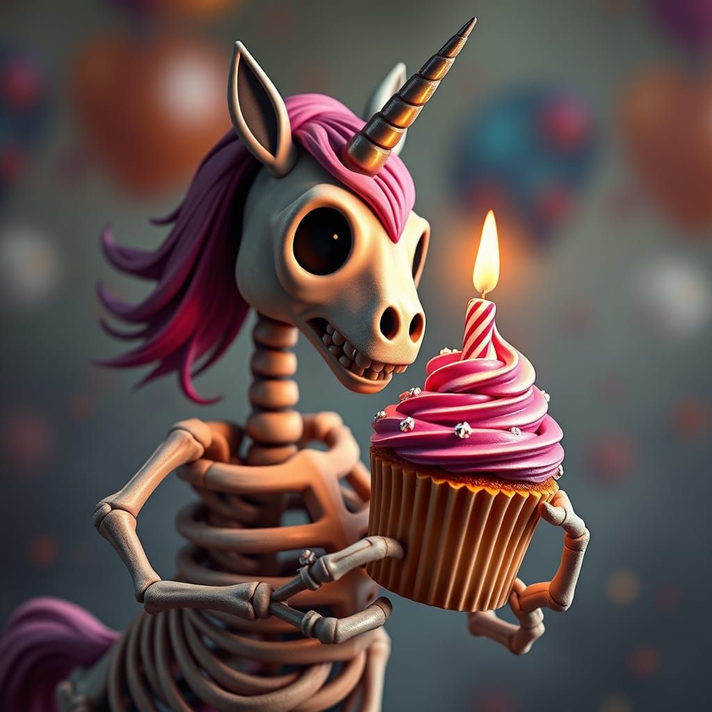 A cartoon skeleton unicorn with a happy birthday cup cake with a lit candle on top