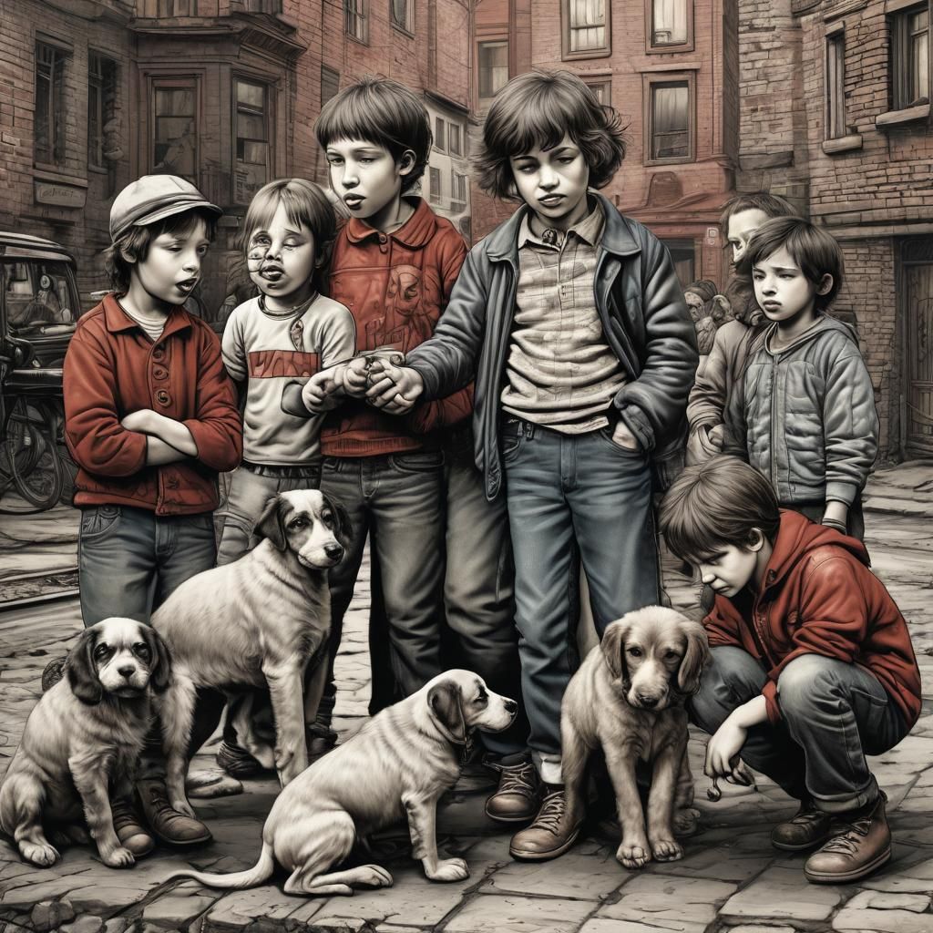 a bunch of lovely street kids playing with a puppy, Robert Crumb style