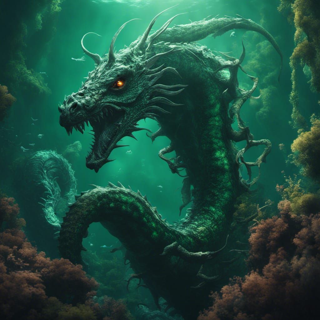 Shadow Of A Underwater Sea Serpent Beast With Green Eyes - Ai Generated 