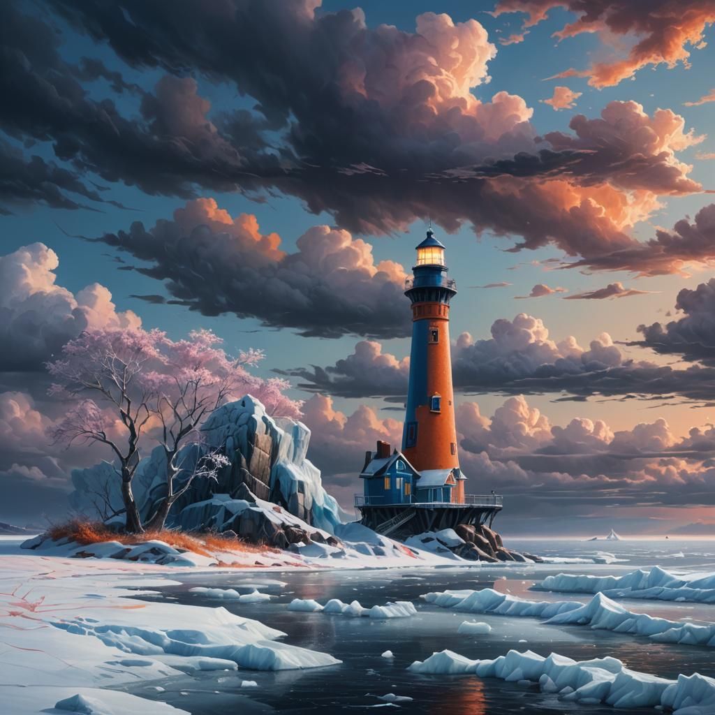 Slim lighthouse on the edge of a frozen bay