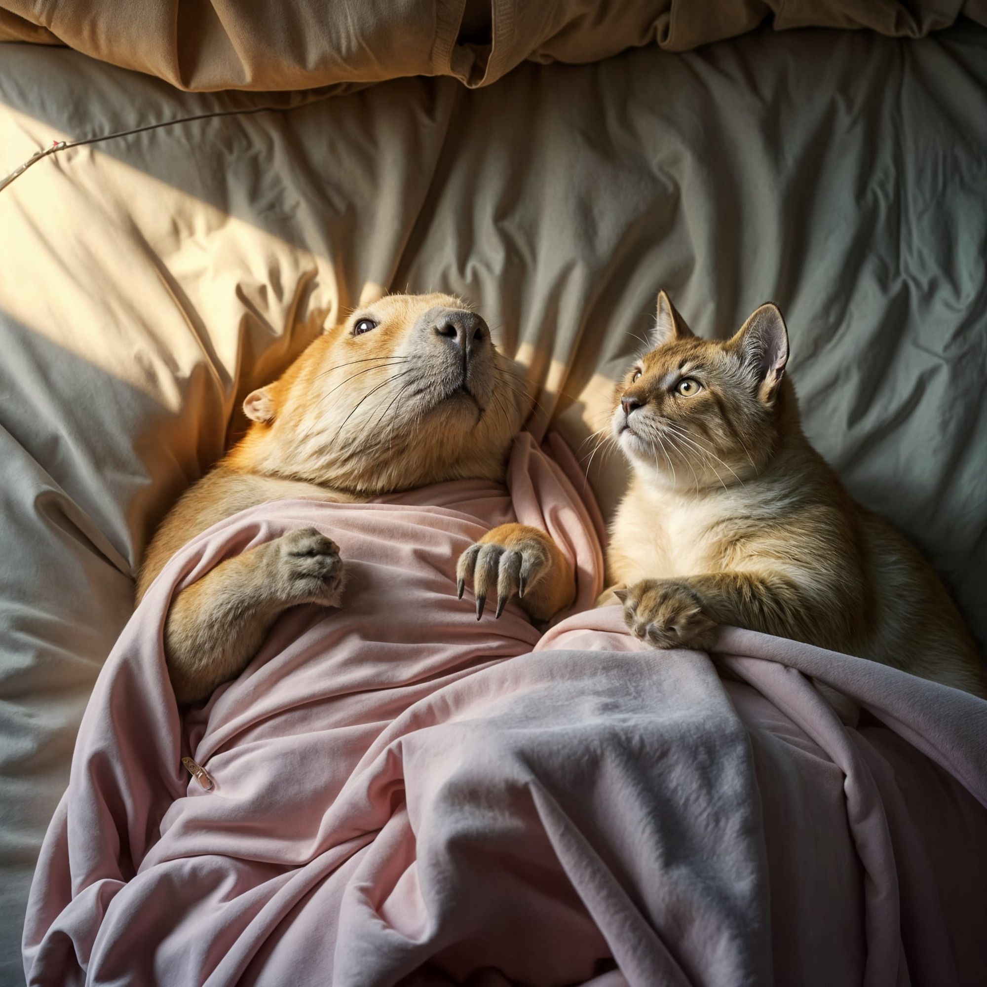 A capybara with a Siamese cat lies on a bed with a thermometer and a heating pad, she is sick
