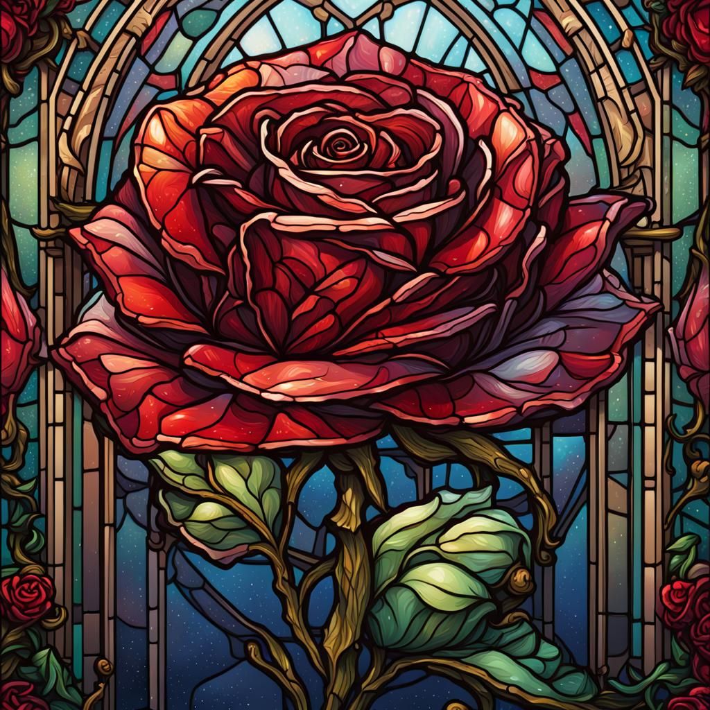 Stained red
 glass rose, Dan Mumford, Cyril RolandoLouis Comfort Tiffany, Dale Chihuly, hyper-detailed, ...  by @Cristian