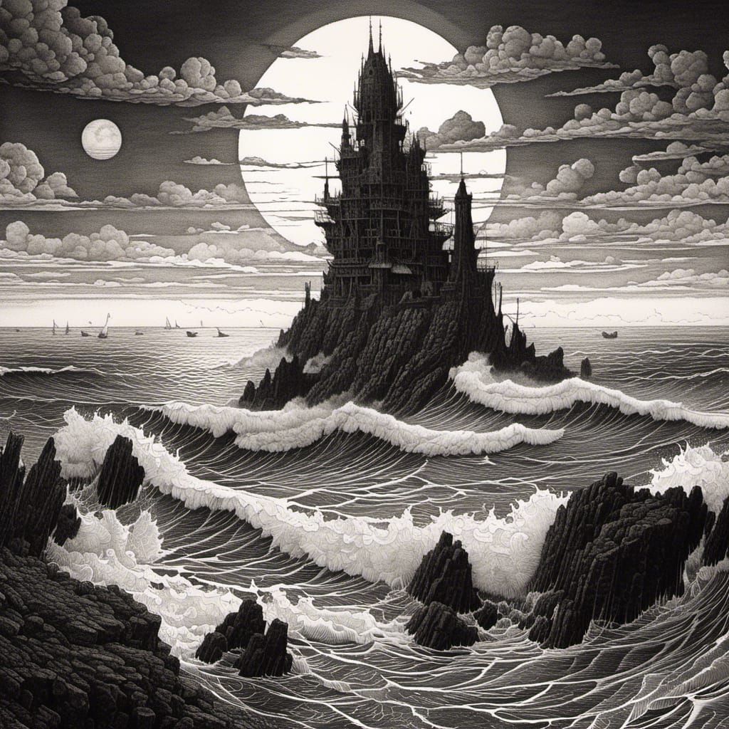 first dawn :: sea :: rocks :: black and white ink illustration :: stippling :: breathtaking intricate detail :: Rackham :: Dore :: Durer ::...