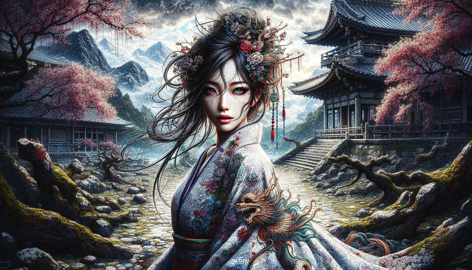 A Japanese Woman in the middle of a Ruined Japanese Temple.