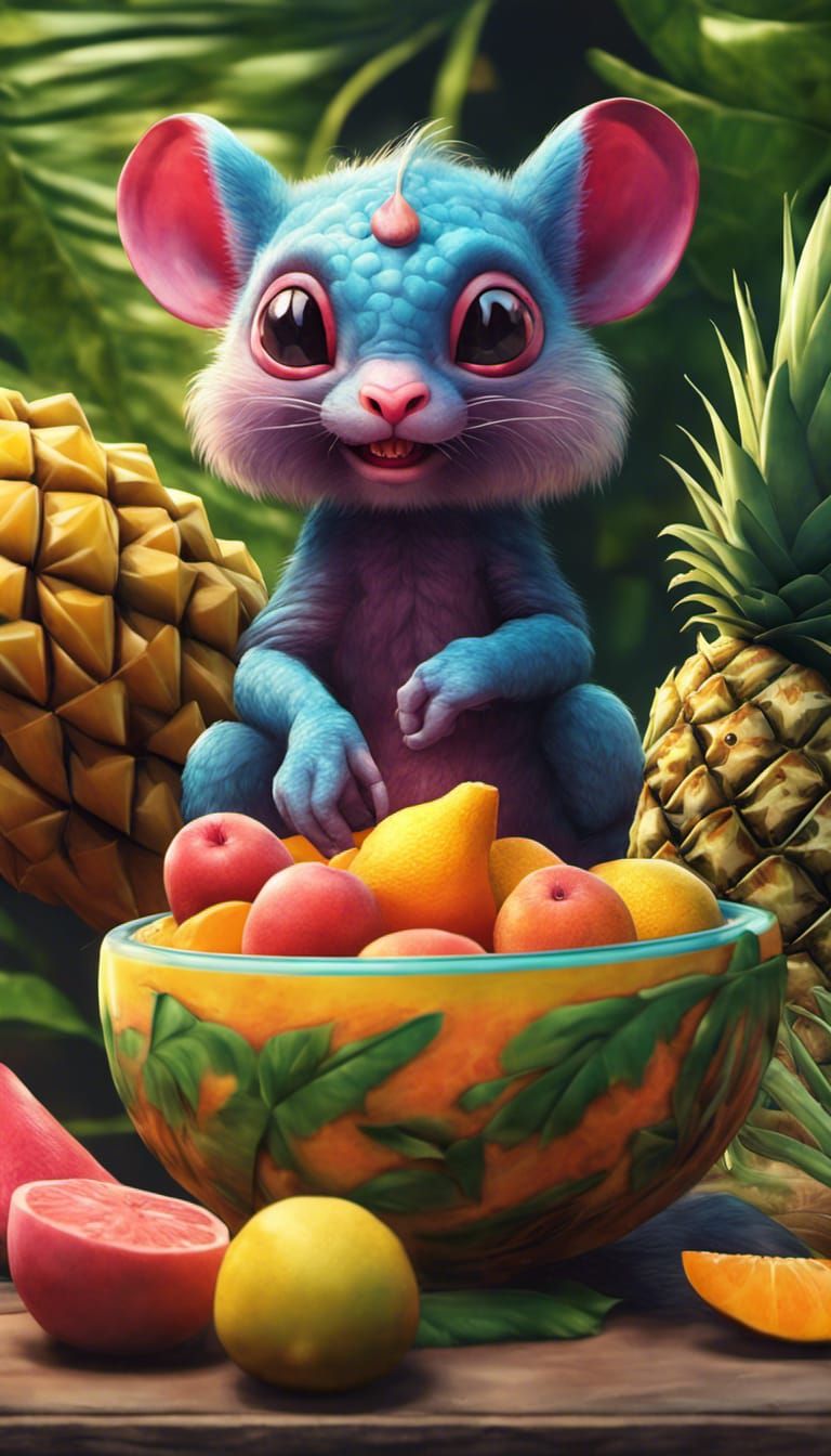 The adorable critter holding the bowl of tropical fruit phot...