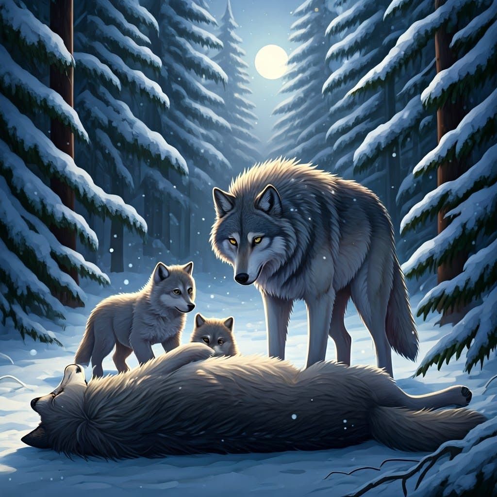 a mother wolf and two pups looking at a father wolf lying on the ground. the setting is a dark night with trees and full moon on the backgro...