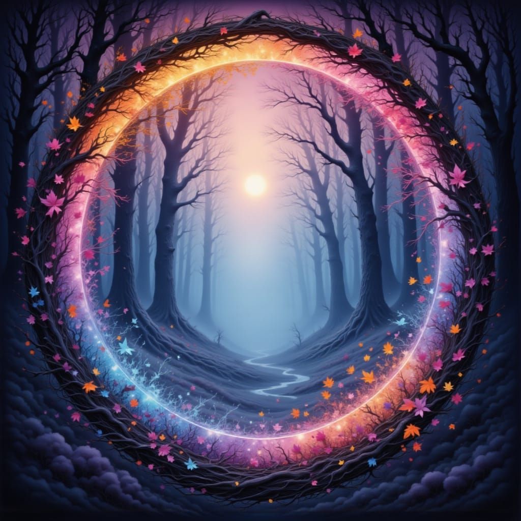 <lora:Golden Twilight:1.0> <lora:A Circle Unbroken:1.0> A mystical, circular portal bathed in the ethereal light of a golden twilight, with ...