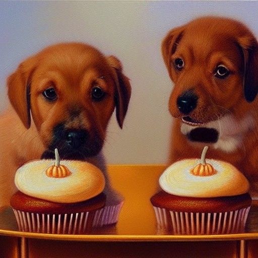 puppies eating cupcakes and pumpkin pie at a golden table in...