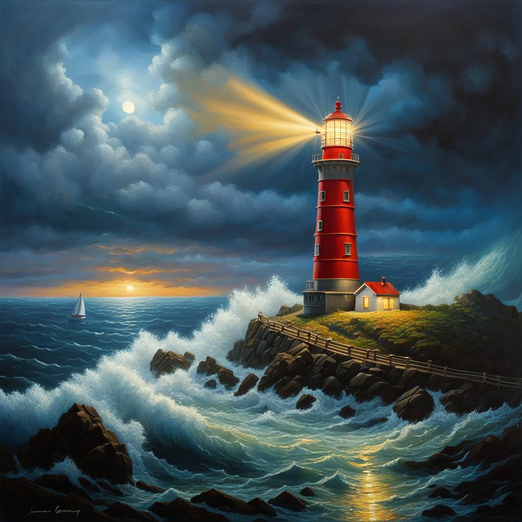 A lighthouse on a coastal island in rough seas