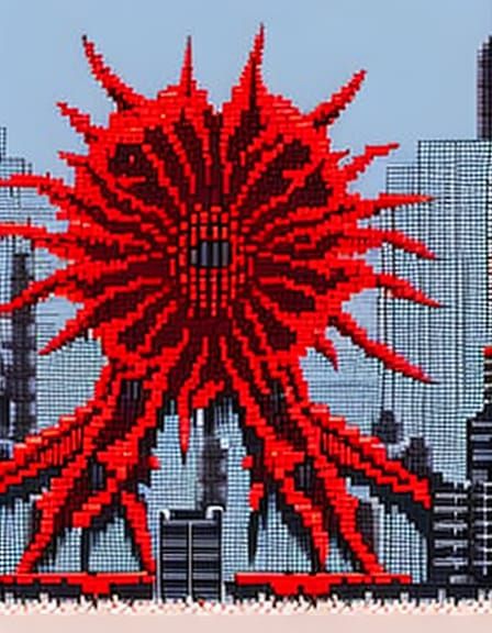 Red giant digital pixel virus monster attacking cyberspace city, pixel ...