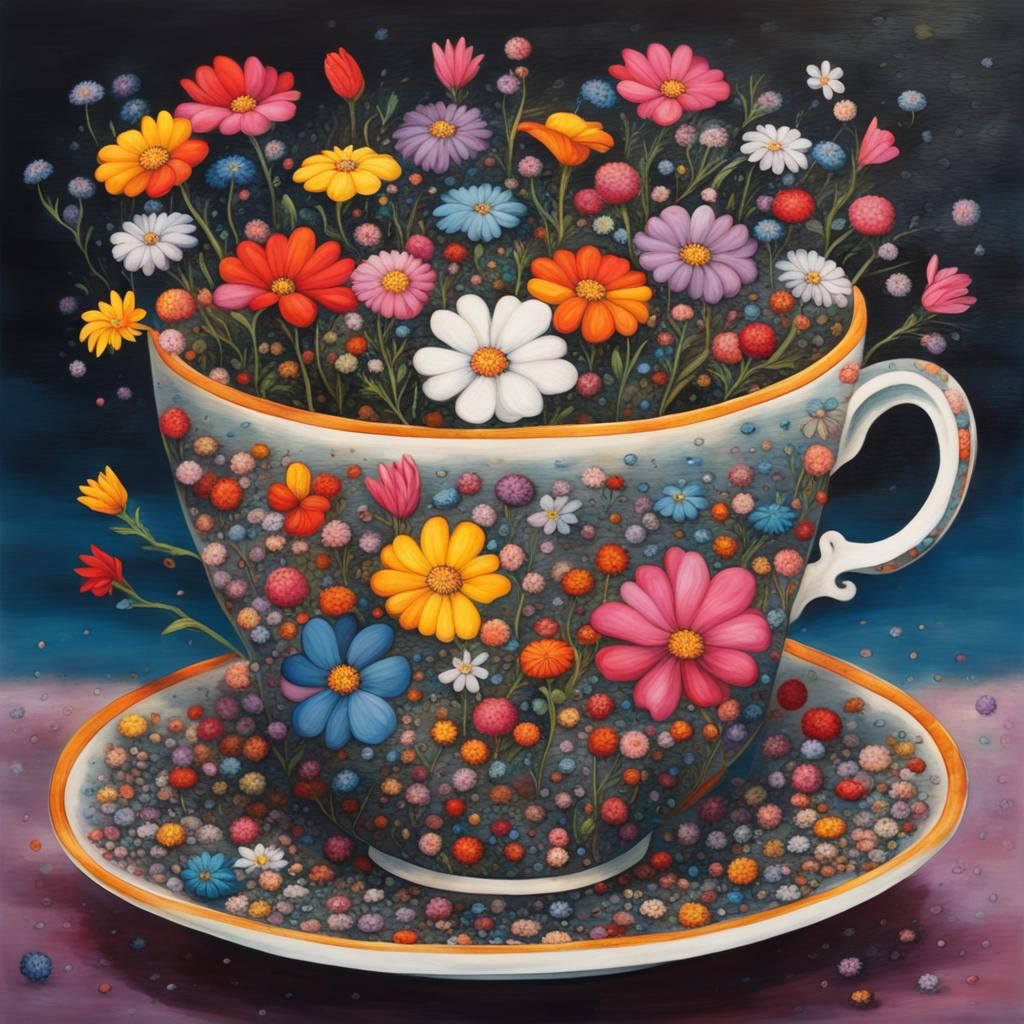 A very big and brightly coloured tea cup with tiny brightly ...