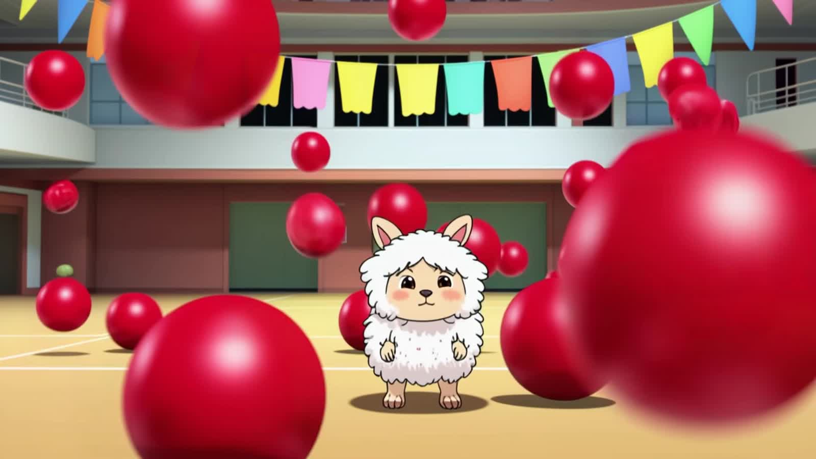 A cute fluffy white lamb with wide eyes stands frozen in the middle of a gymnasium, bright red dodgeballs flying fast ar...