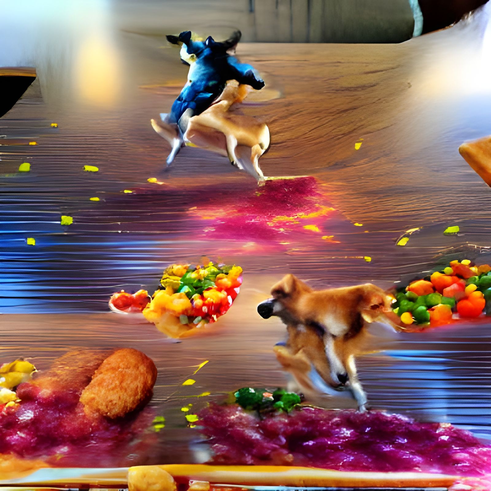 A photo of Dogs running across a table with colorful food fl...
