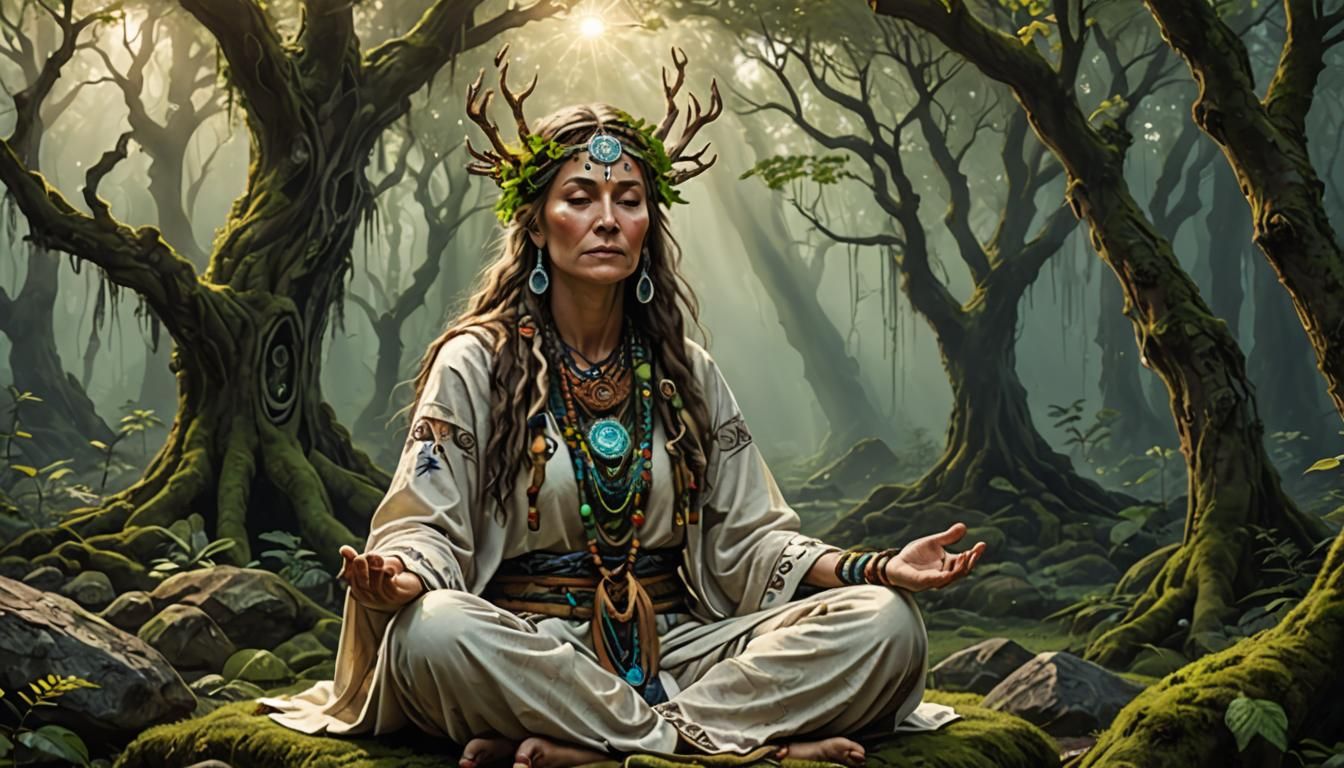 female druid shaman within meditation, transcending consciou...