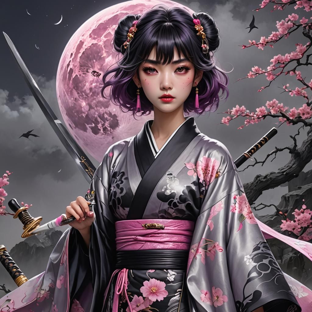 Hyperrealistic Anime Woman with Swords in Detailed Kimono