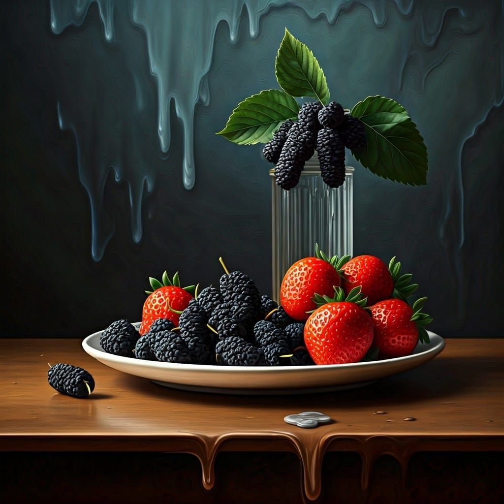 Surreal Still Life with Berries in Oil Paint Style