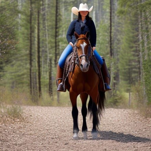 cowgirl riding a horse centred not ugly full length portrait...