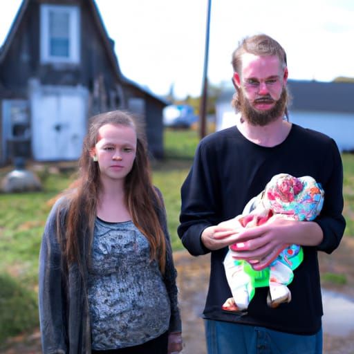 Family with moldy faces holding dead baby outside farm