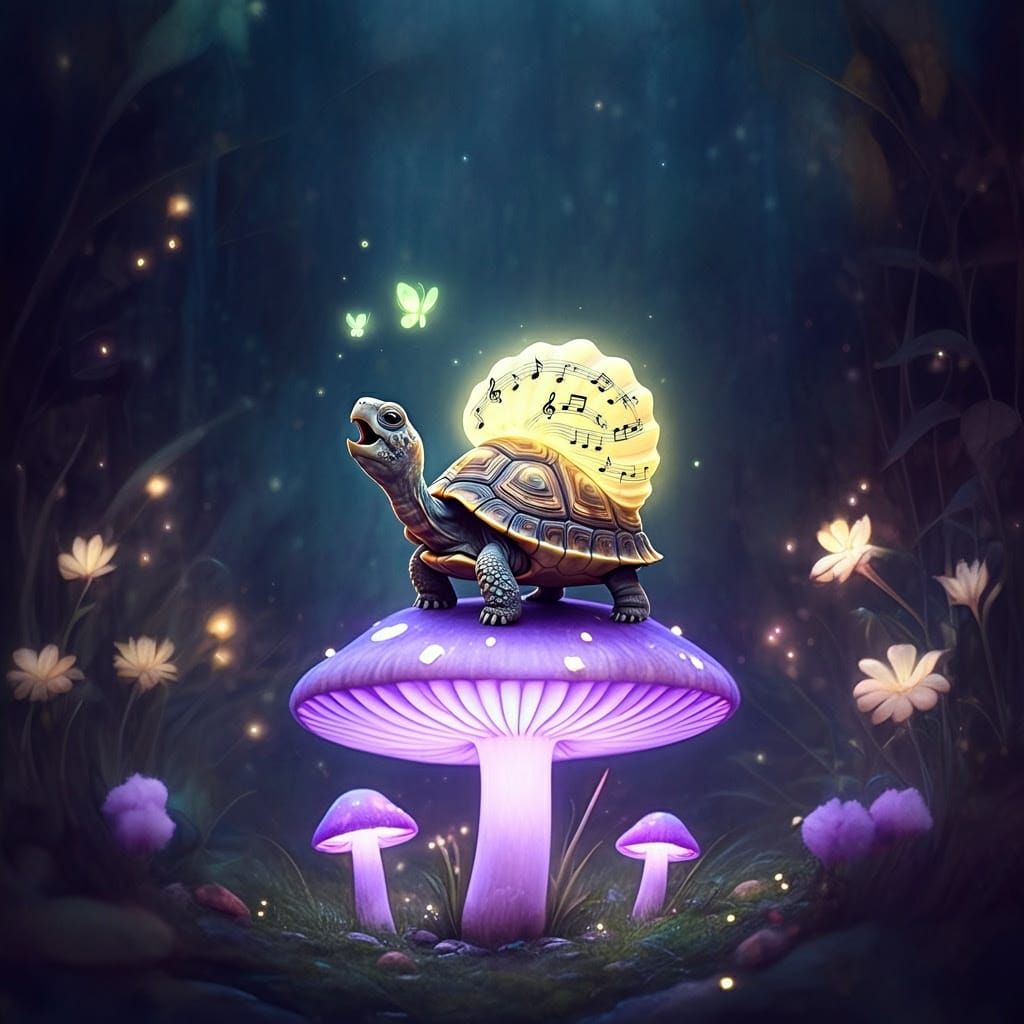 Singing Turtle on Mushroom in Magical Forest Watercolor