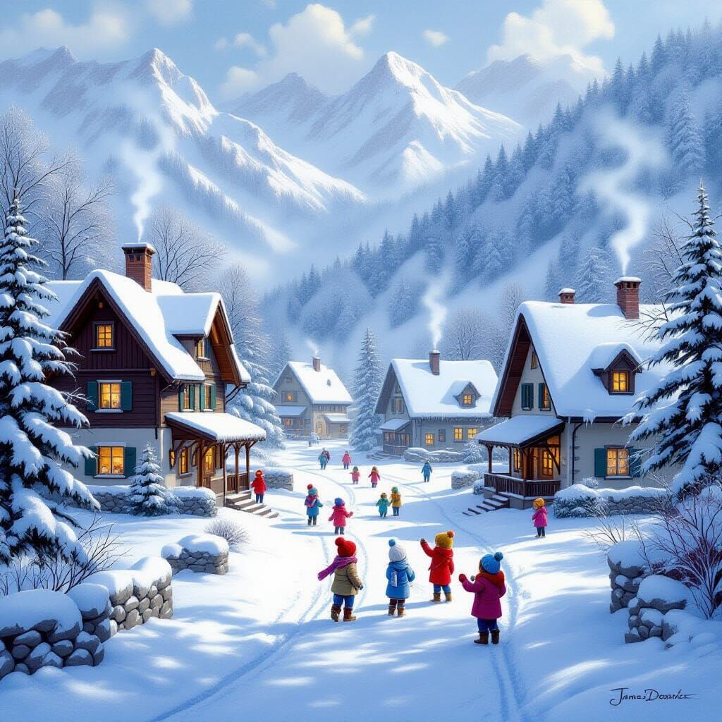 A mountain village with snow and children playing ethereal fantasy hyperdetailed mist Thomas Kinkade  by @Shaywa