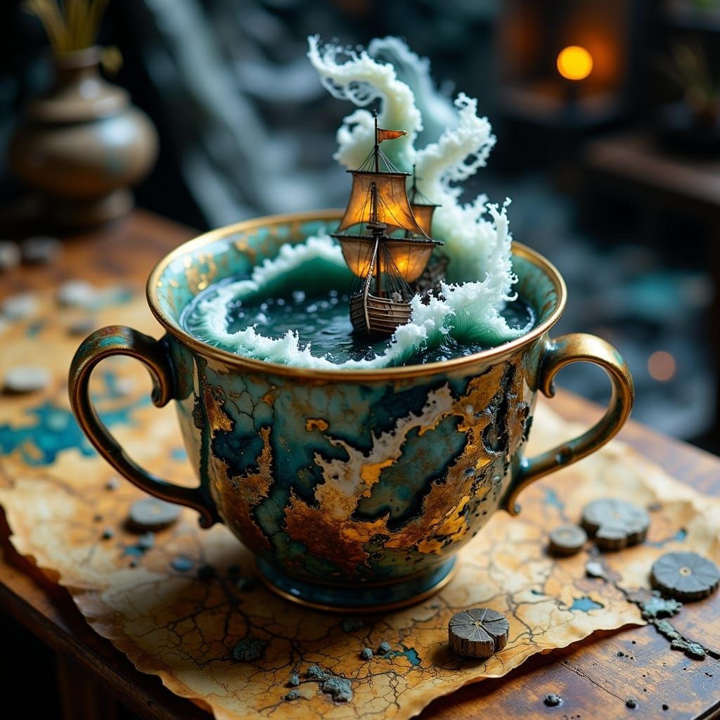 Hyperdetailed art of Close-up teacup containing a stormy ocean scene, pirate ship battling towering waves, lighthouse, tempest, the cup sitt...