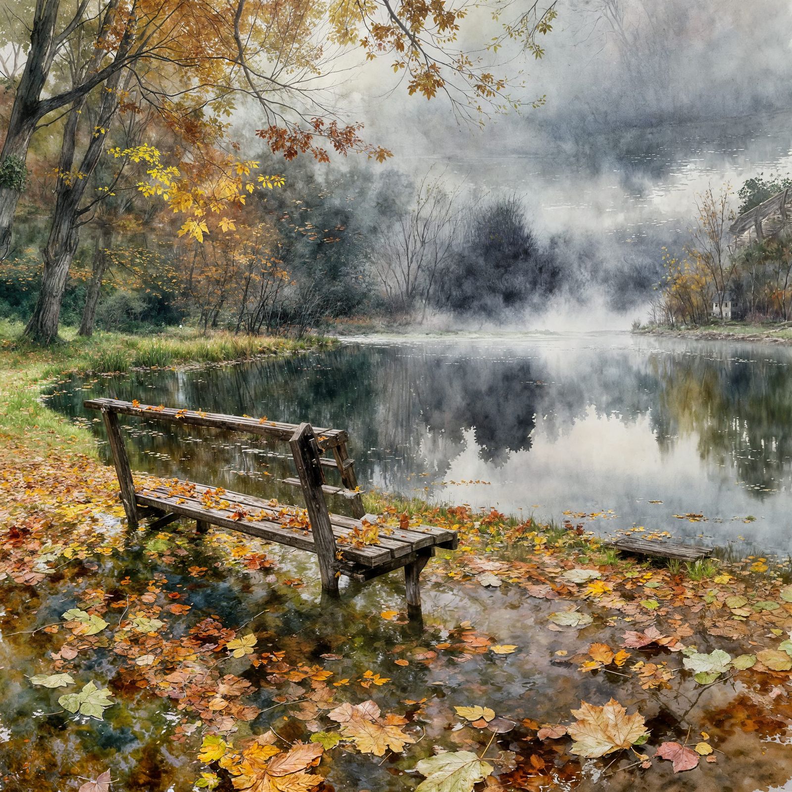 An abandoned bench by a pond, covered with fallen leaves. On the water lies the reflection of a gray ...  by @Likvi