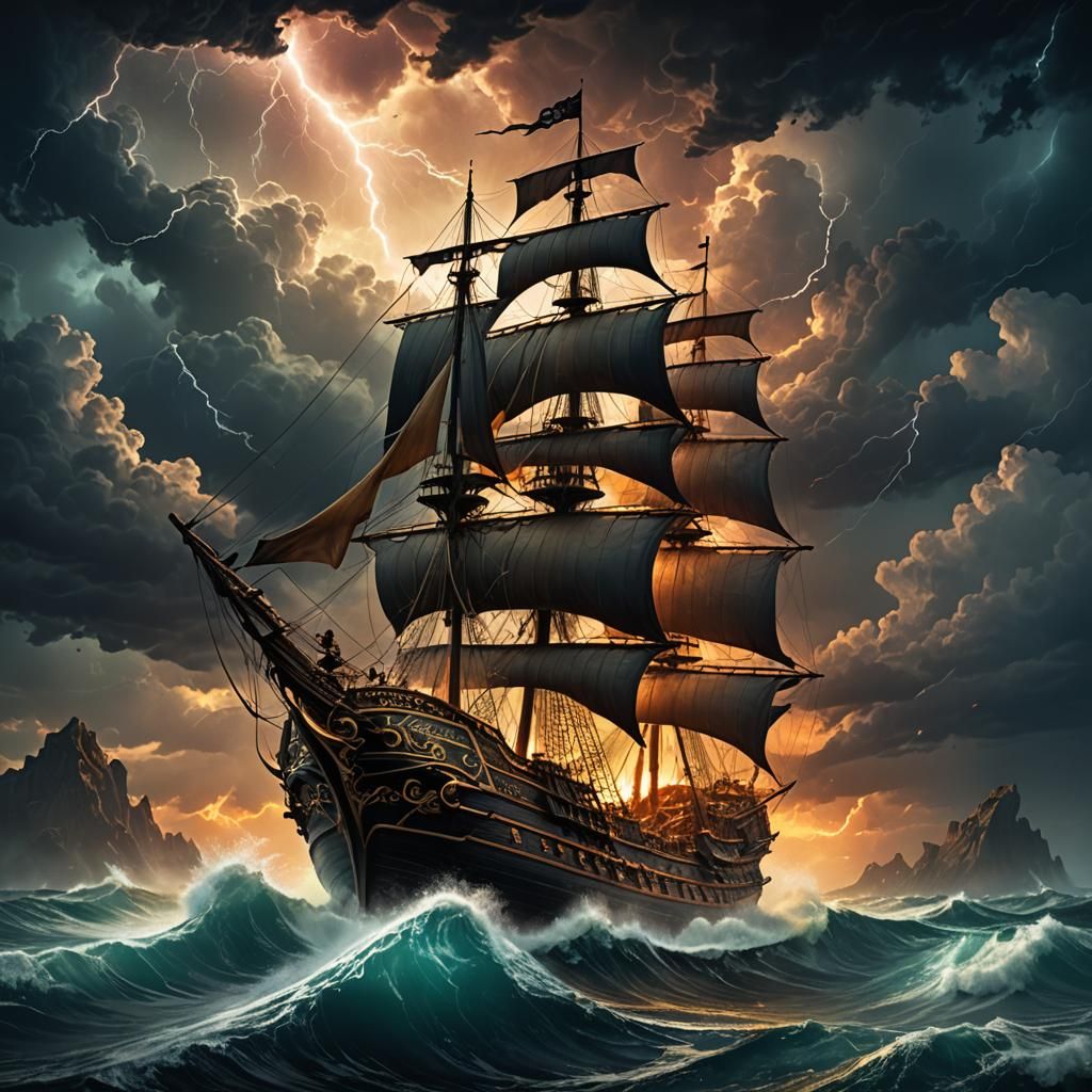 High fantasy epic fantasy pirate ship, scenic dark stormy ocean background, high detail, high quality, a masterpiece, 8k resolution, dark fa...