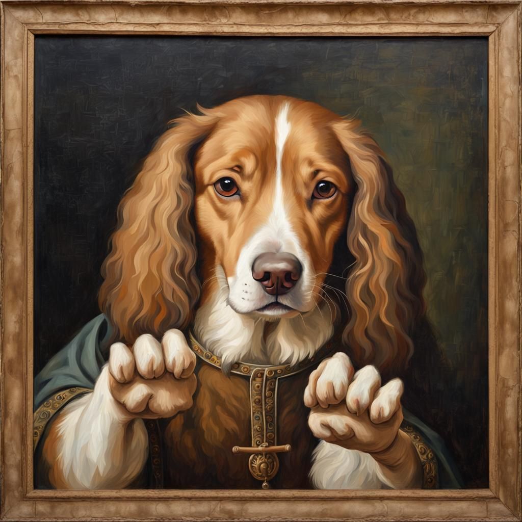 Oil on canvas like Leonardo da Vinci: A dog has raised one paw, the ...