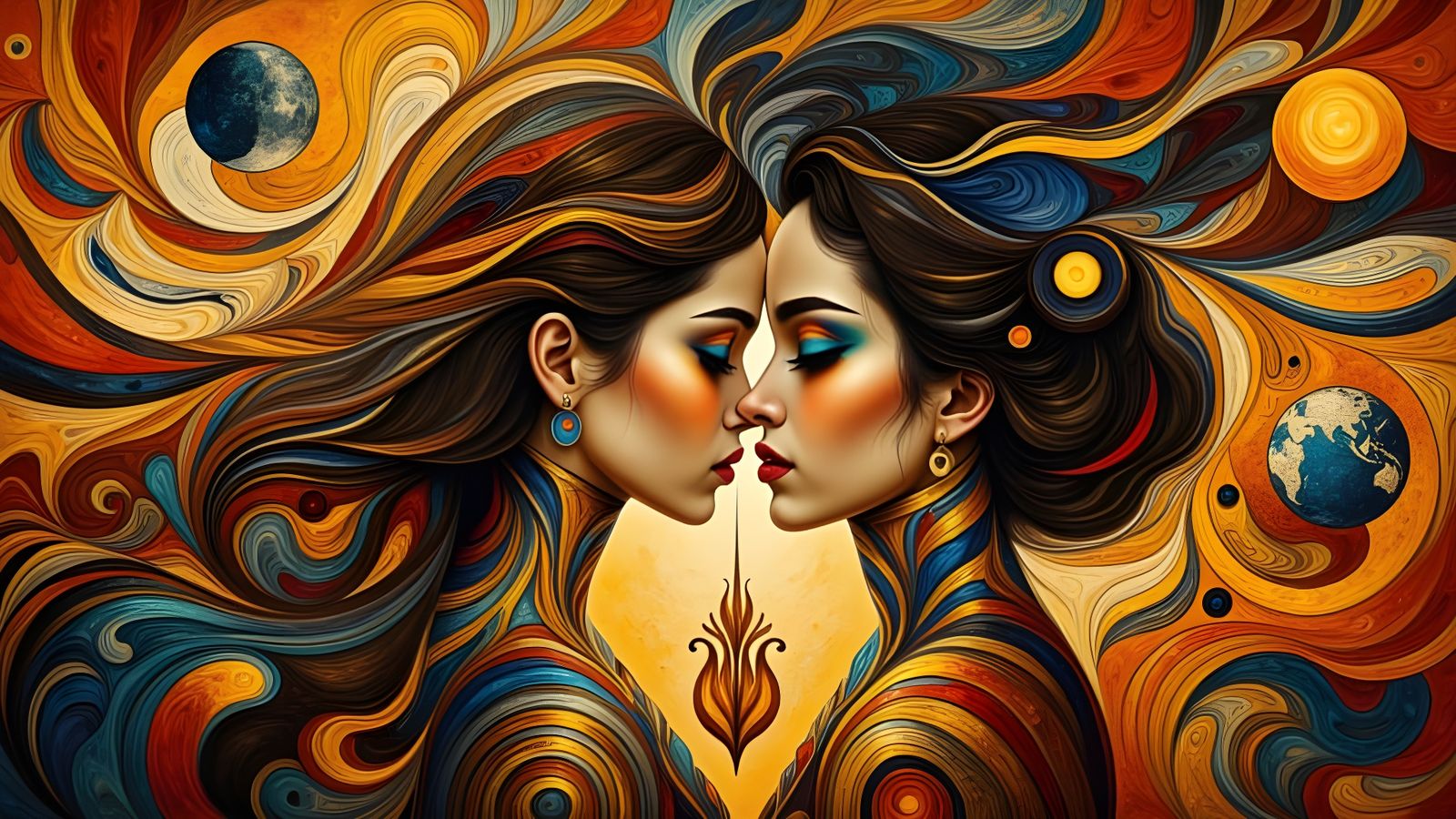 Sensual Kiss in Gallery: Dadaism Meets Klimt Style