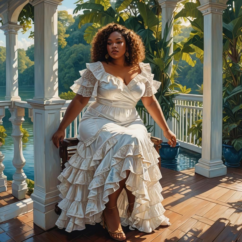Curly hair brown skin plus size caribbean woman dressed in white modern frill dress on porch watching river