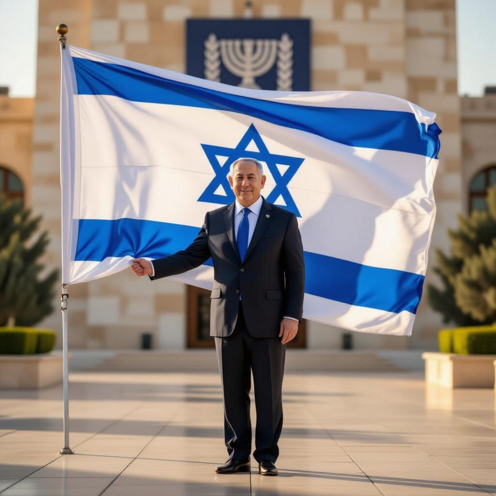 Netanyahu in Front of Israeli Government Building with Flag