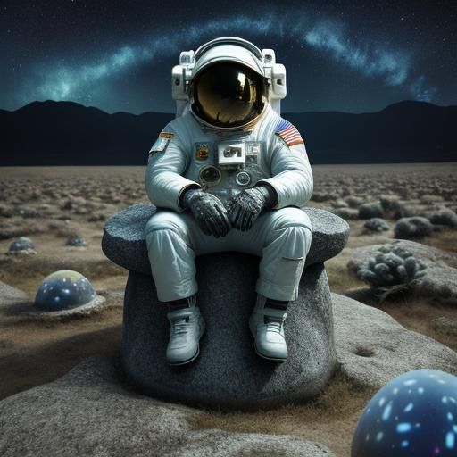 astronaut in suit sitting on stone of loney planet sourpunde...