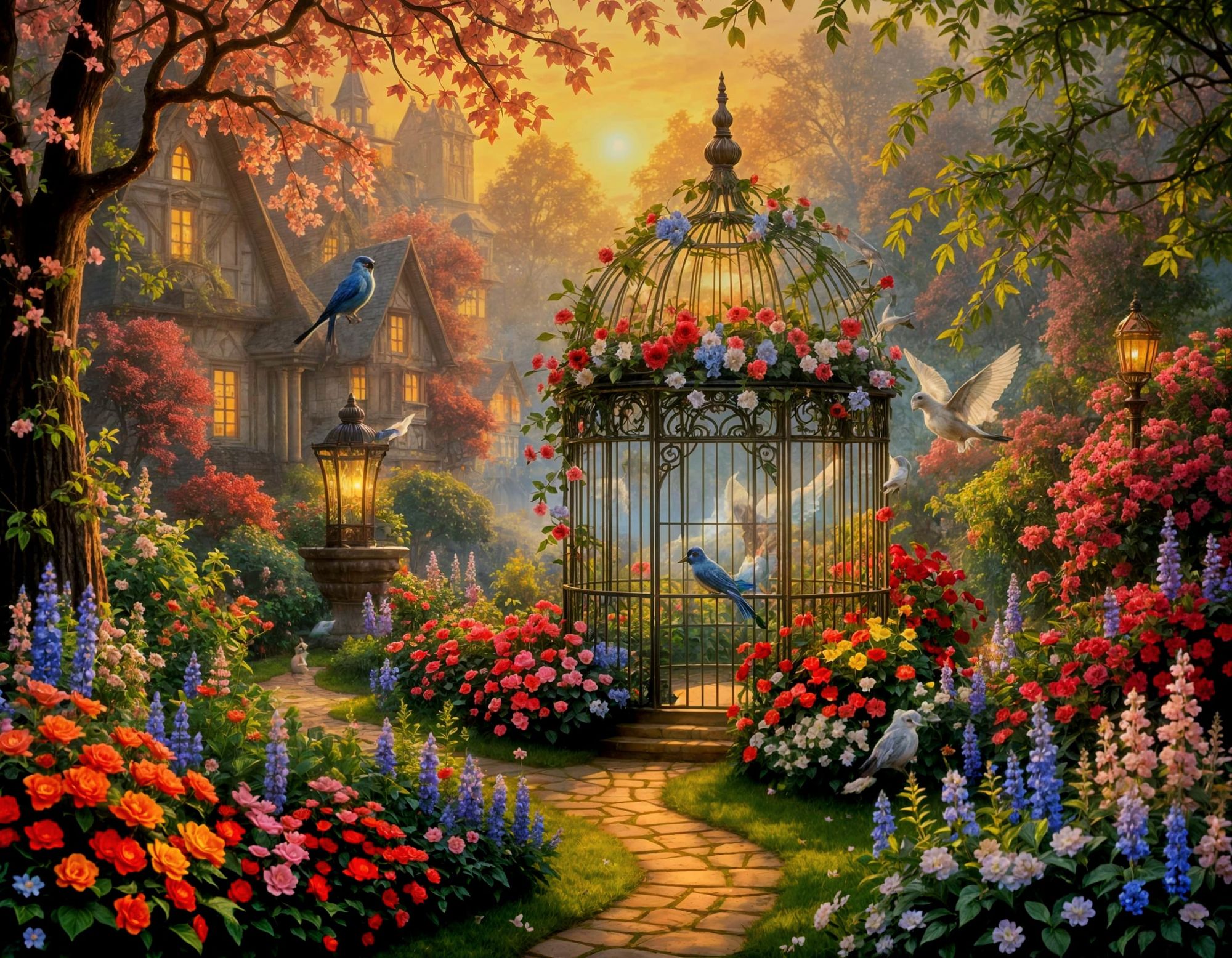 A beautiful birdcage in an enchanted garden