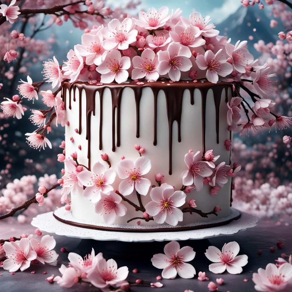 Sakura Flowers Decorate Cake: Digital Matte Painting